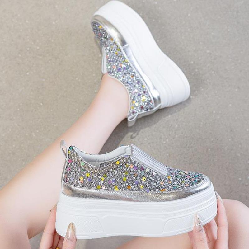 Mode 8.5CM Frühling Mesh Echtleder Damen Vulkanisierte Bling Mode Klobige Sneaker Sommer Strass Casual Plateau Keilschuhe