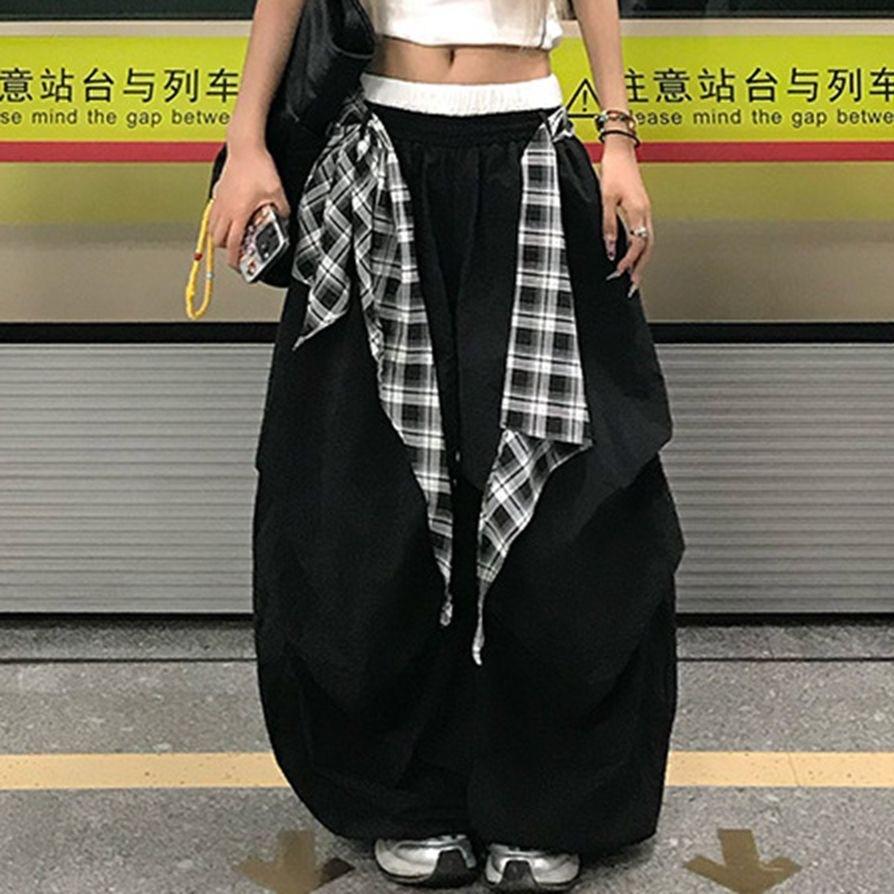 [Send fart curtain] Internet celebrity retro American relaxation plaid strap wide leg splicing loose quick-drying casual pants tide