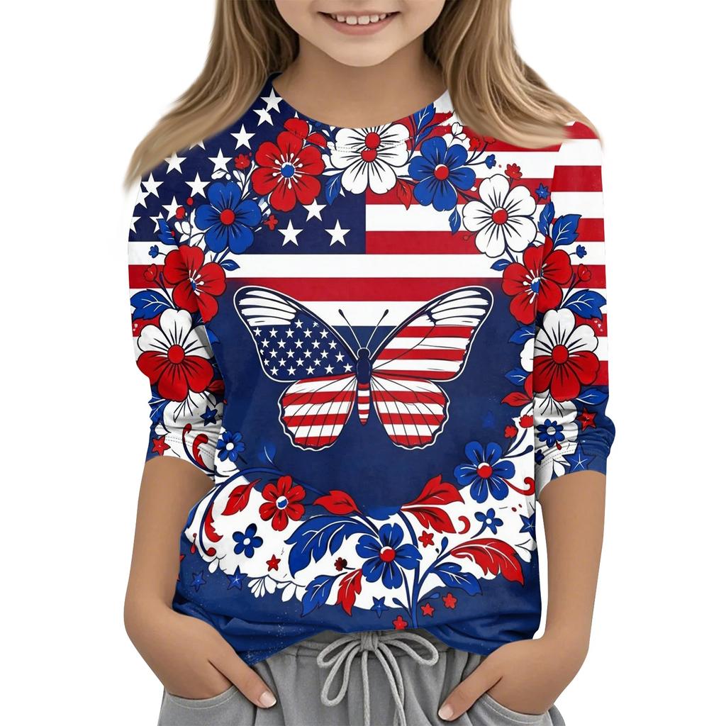 Children's Independence Day Printed Round Neck Seven Quarter Sleeve Casual T-shirt