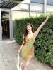 Women's Yellow Plaid V-Neck Camisole Dress – Slim Fit A-Line Skirt, Waist-Cinching Design for Summer Vacation