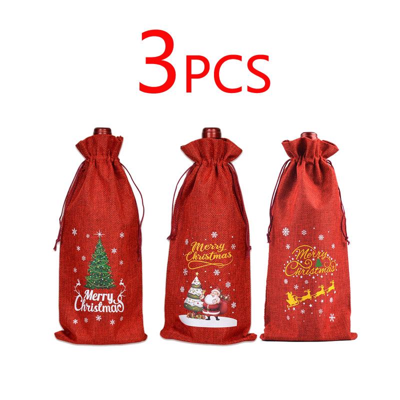 3/6pcs Christmas Wine Bottle Gift Bags Cover with Drawstring Burlap Linen Wine Gift Bags for Xmas Party Decorations