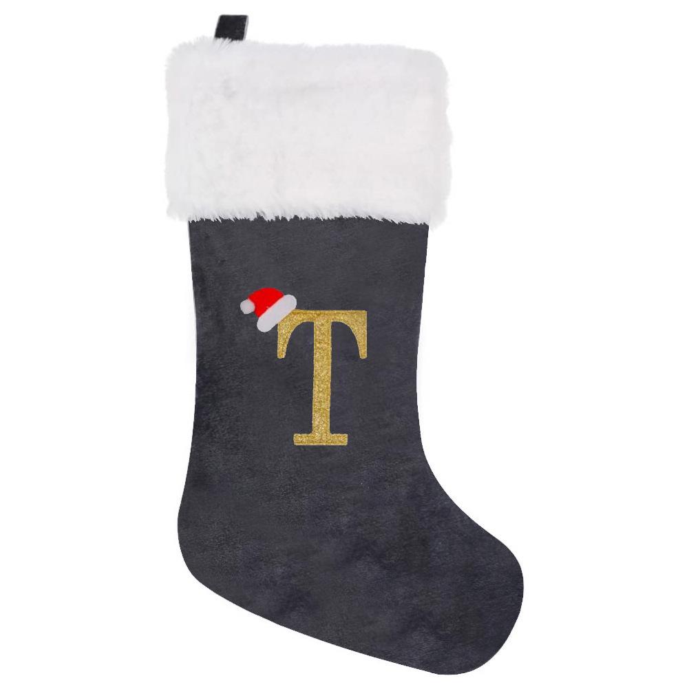 2026 Christmas Decorations: Grey Velvet Embroidery Letter Stocking Gift Bag