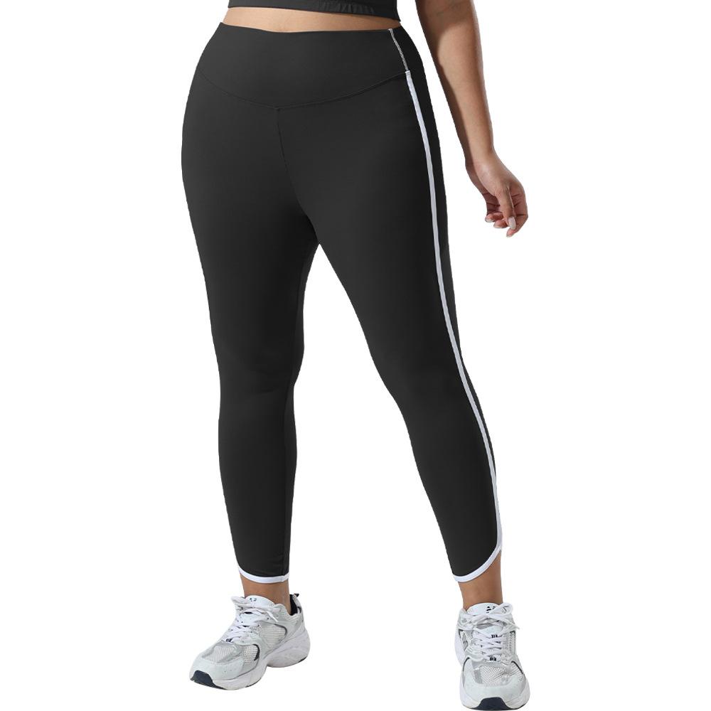 Tight-Fitting Sports Leggings with High Waist and Side White Stripes for Gym Outdoor Cycling Running and Yoga