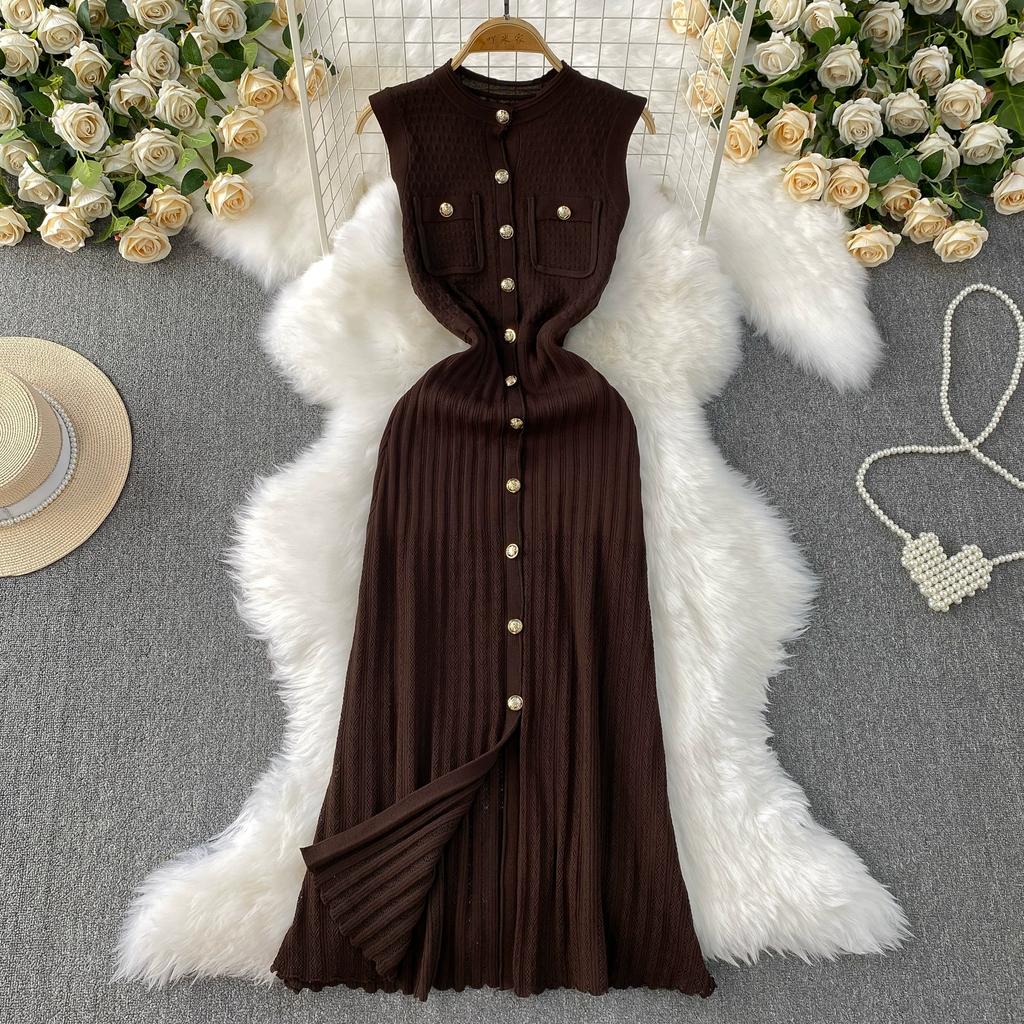 Summer Women O-neck Sleeveless Single Breasted Knitted Mid-calf Slim Tank Sweater Dresses