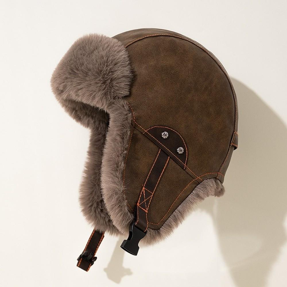 Vintage PU Leather Motorcycle Hat Thickened Windproof Trapper Hat Winter Warm Ear Protection Pilot Hat