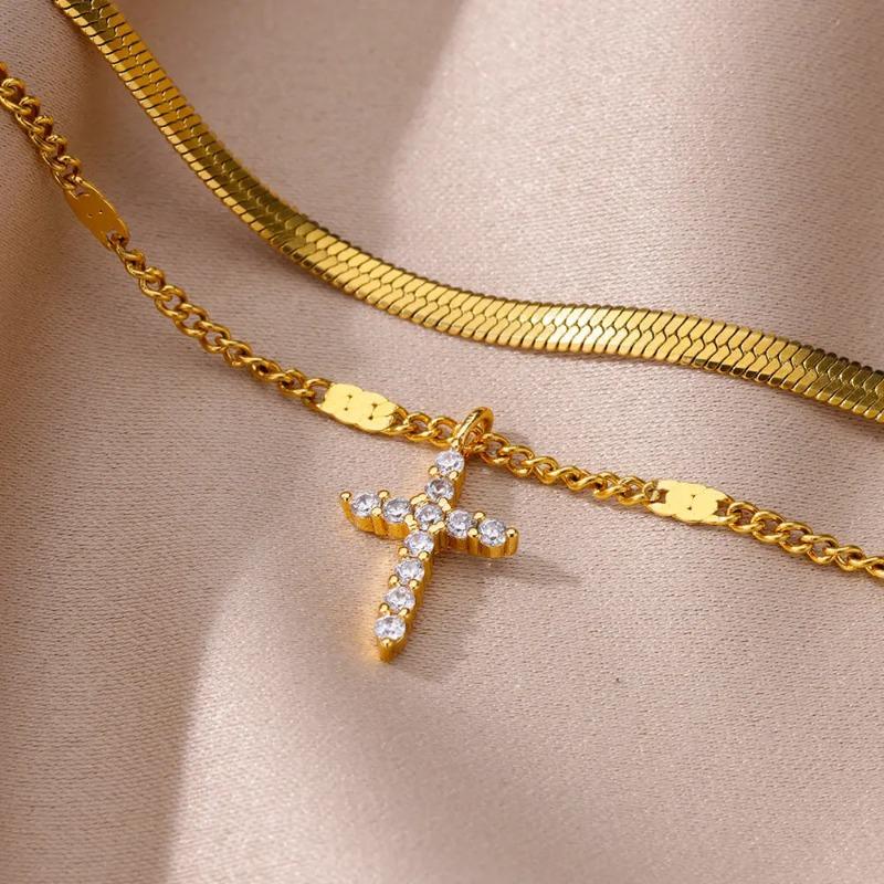 New Double-layer Cross Snake Bone Chain Anklet Women's Personality Fashion Temperament Beach Foot Decoration Titanium Steel Anklet