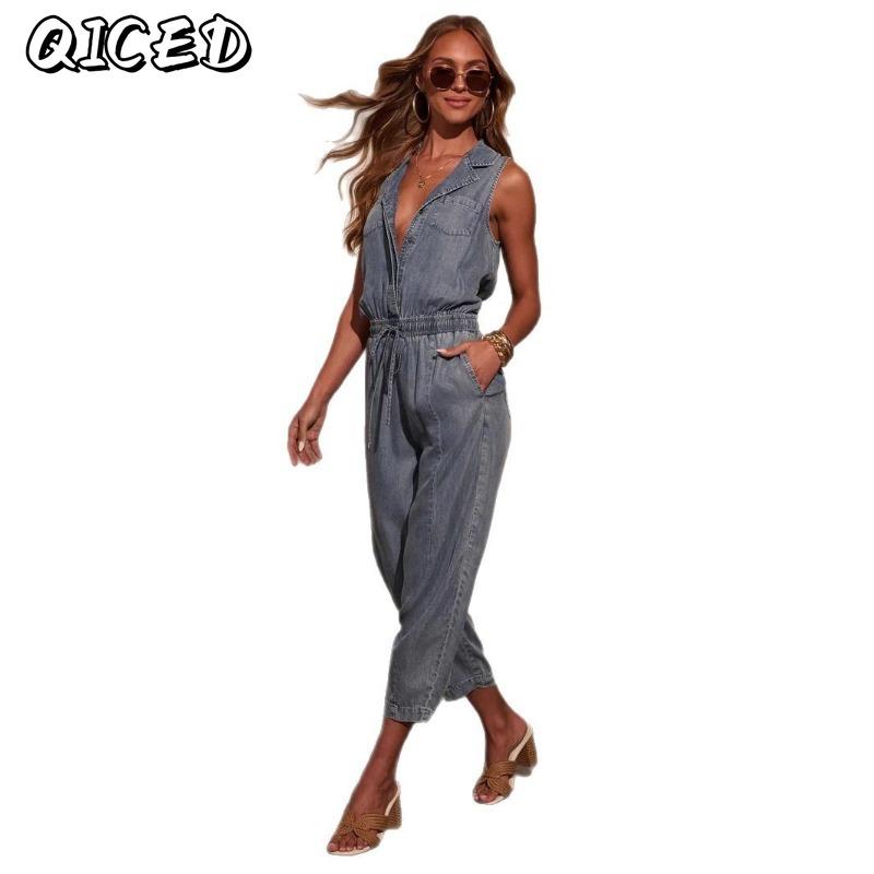 QICED Women's Fashion Casual Solid Color Print Sleeveless Jumpsuit