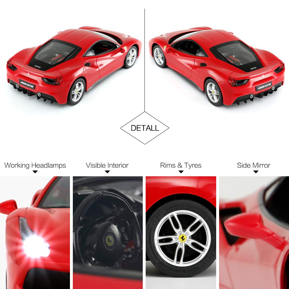 scale Ferrari 488 GTB car with illuminated headlights and red 114 radio-controlled taillights,