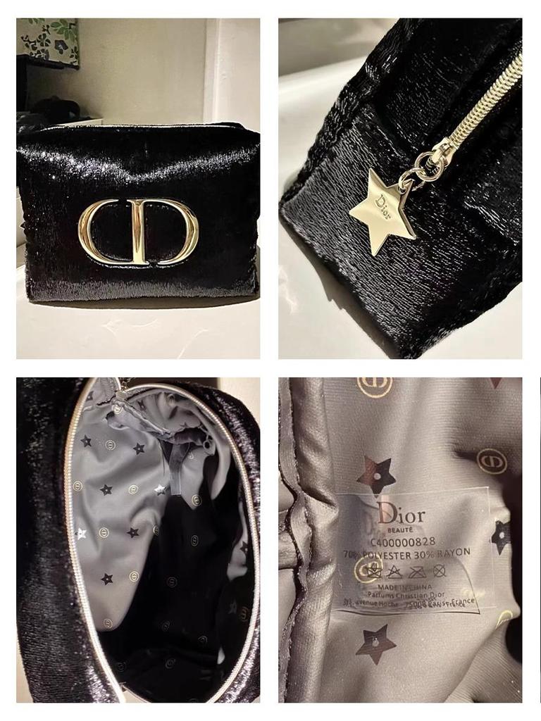 Dior Black Cosmetic Bag with Gold Logo, Portable Travel Makeup Organizer