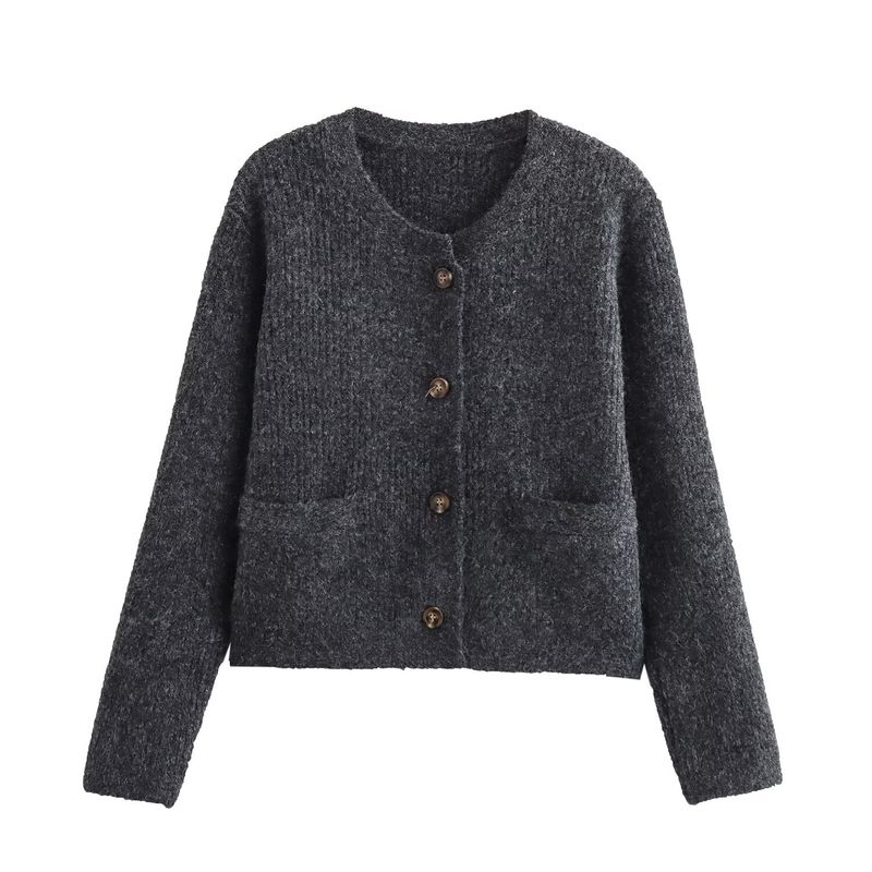 Kaslead New Arrival Women's Clothing Fashion Style Fashion All-Match Wool Sunken Stripe round Neck Knitting Cardigan Outwear