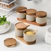 Large Capacity Ceramic Seasoning Jars with Bamboo Lids - 3-Piece Japanese-Style Set for Moisture-Proof Sugar & Salt Storage