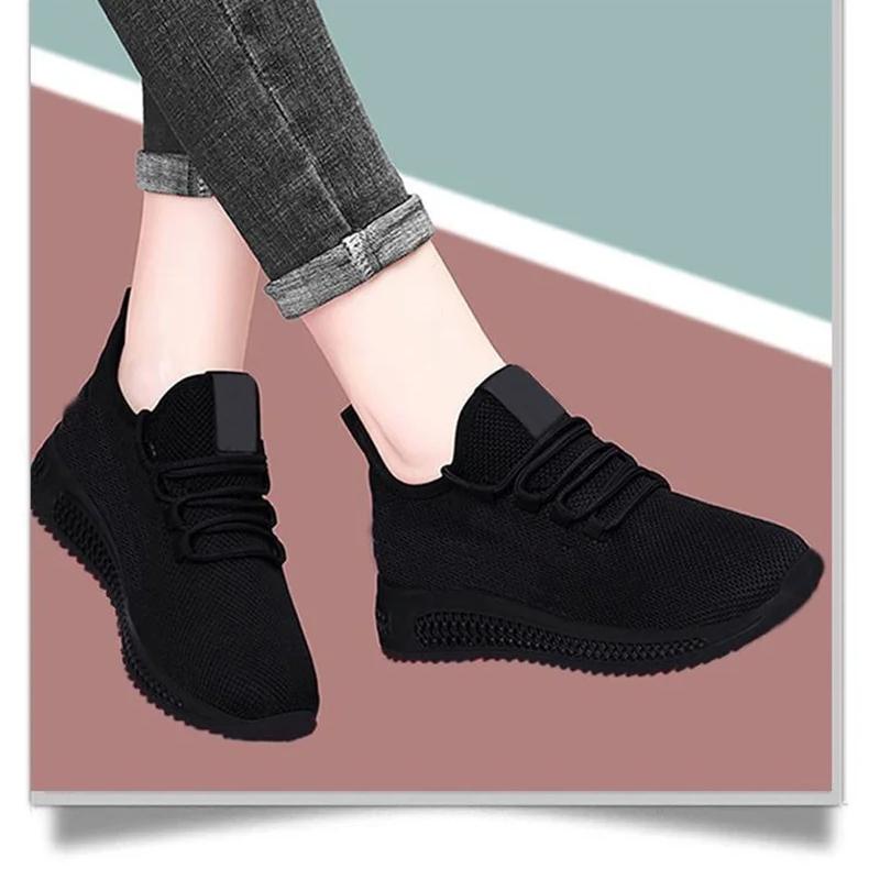 Spring And Autumn Fashionable Solid Color Breathable Round Toe Sneakers Casual And Comfortable Thick-Soled Women'S Shoes