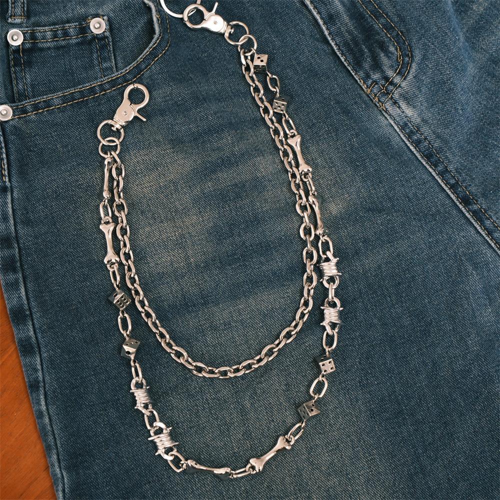 Side Design Light Luxury Style Punk Waist Chain Fashion, Hip Hop Double Layer Dice Dog Bone Trouser Chain