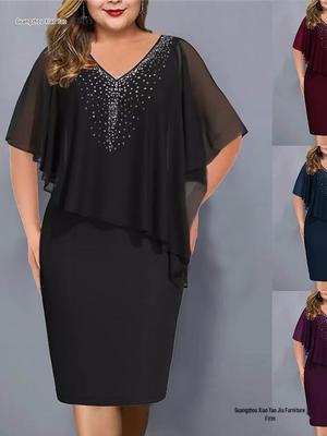 Rochie Trendy Plus Size din Șifon cu Petice, Mânecă Medie, Tiv Neregulat și Accente cu Strass, Anul 2026