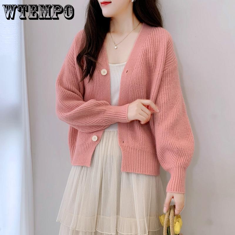 WTEMPO Autumn and Winter Women's V-neck Long Sleeved Cardigan Knitted Jacket Sweater Loose Outer Style Top