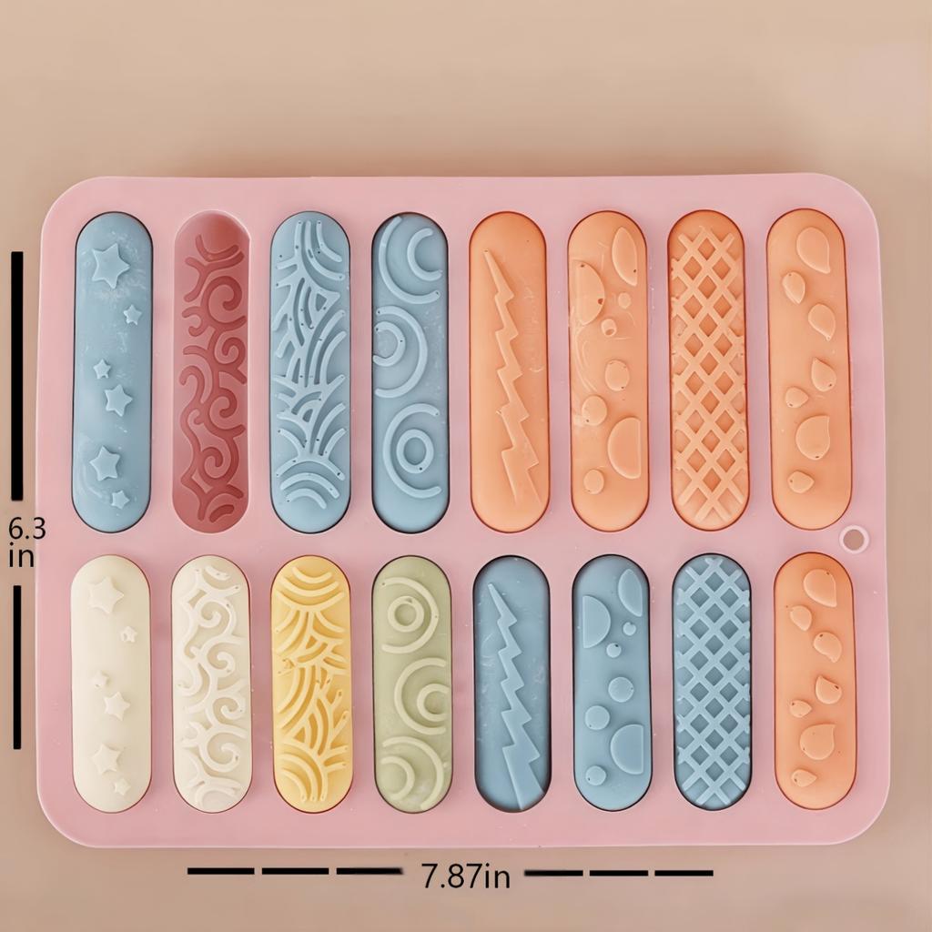 1pc 16-Hole Different Texture Long Strip Bar Molds, Silicone Chocolate Cookie Molds, Long Strip Candy Baking Molds