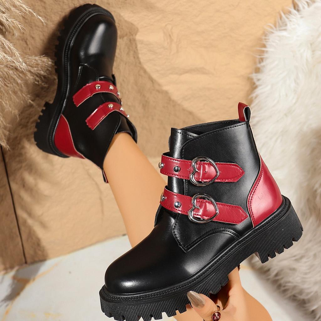 Women'S Mid Heels Boot Round Toe Platform Shoes  New Autumn Winter Fashion Belt Buckle Boots Short Boots For Women Handmade