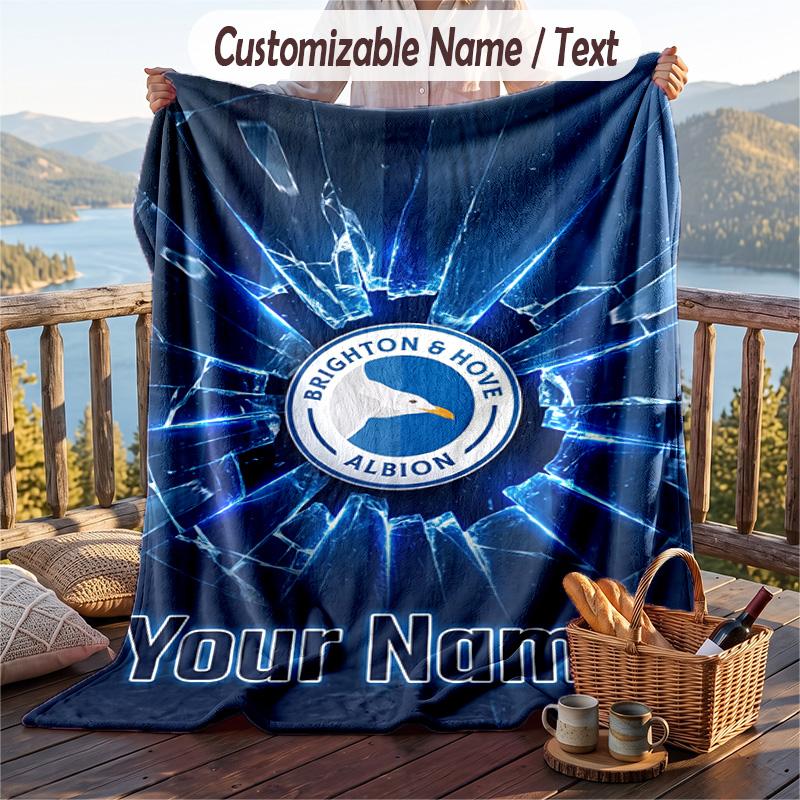 Flannel Blanket Brighton & Hove Albion Football Print Custom Name Text Soft Throw for Sofa Bed