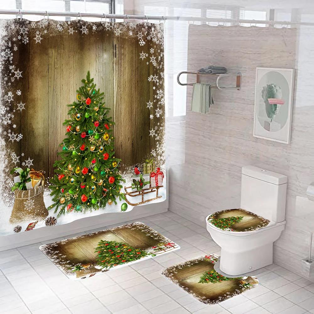 Christmas Tree Bathroom Set Shower Curtain Set Waterproof Santa Claus Anti-Skid Rugs Toilet Cover Bath Curtains Set With Hooks