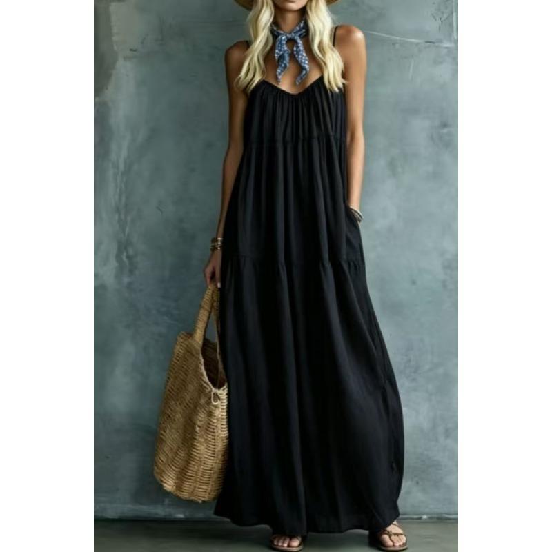 Women Summer Boho Spaghetti Strap Tiered Maxi Dress, Loose Flowy Pocket Solid Sundress, Lightweight Blend Fabric Casual Beach Resort Vacation Dress