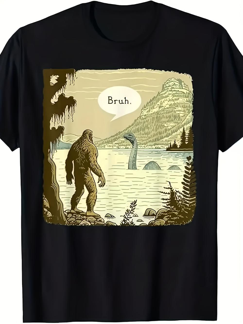 Mens Bigfoot Sasquatch Loch Ness Monster Cryptozoology TShirt Black Retro Cryptid Design with Nessie Soft Breathable Fabric S