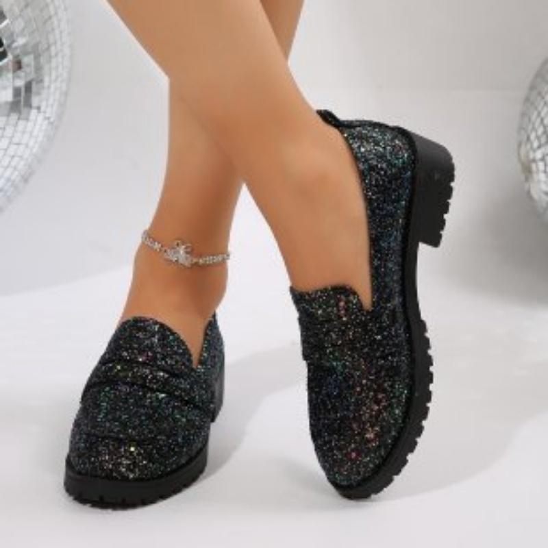 Fashion 2025 spring and autumn new large size low heel single shoes female personality sequin round head slip-on women's shoes