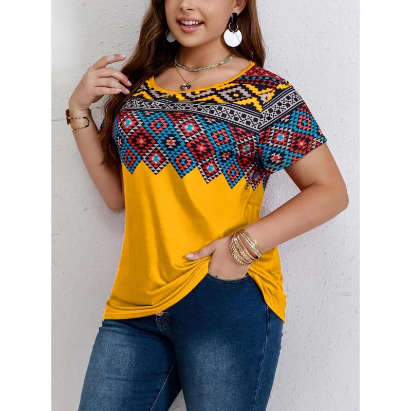 Large casual T-shirt, women's plus Southwest printed round neck short sleeved T-shirt