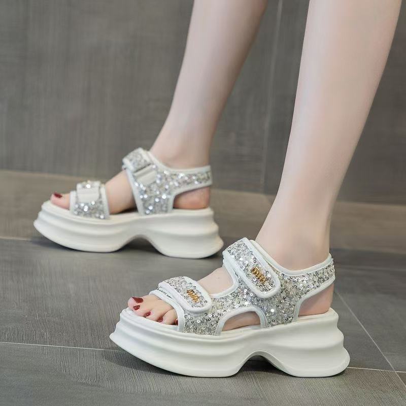 Velcro Sports Sandals Women's 2025 New Summer Lightweight Platform Versatile Sequins Roman Shoes Non-slip Beach Shoes