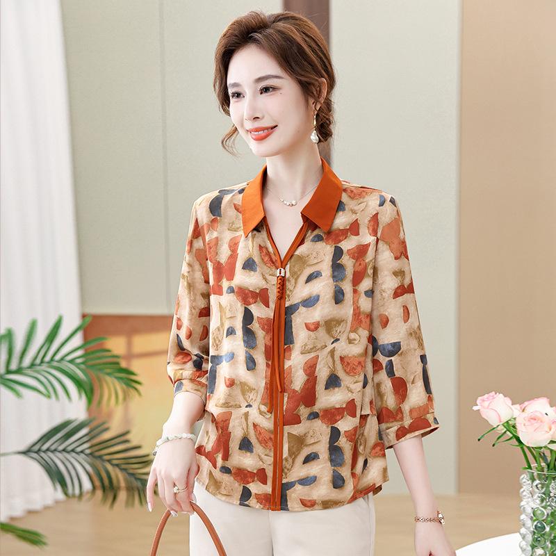 

2026 new color foreign style fashion seven-quarter sleeve top middle-aged and elderly women s summer t-shirt 5xl помаранчевий