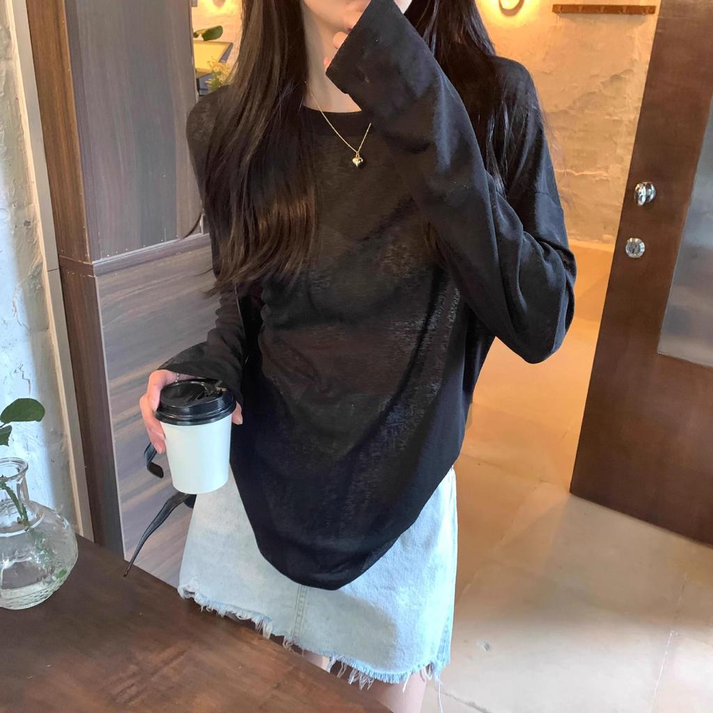 Women's Sheer Yellow Long-Sleeve Sunscreen T-Shirt - Simple, Loose, Round Neck Pullover