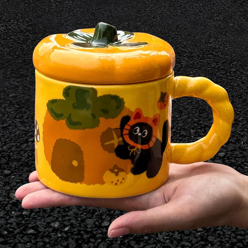 

Cute Persimmon Ceramic Mug with Lid Spoon Home Coffee Cup for Girls Creative Design 350ml