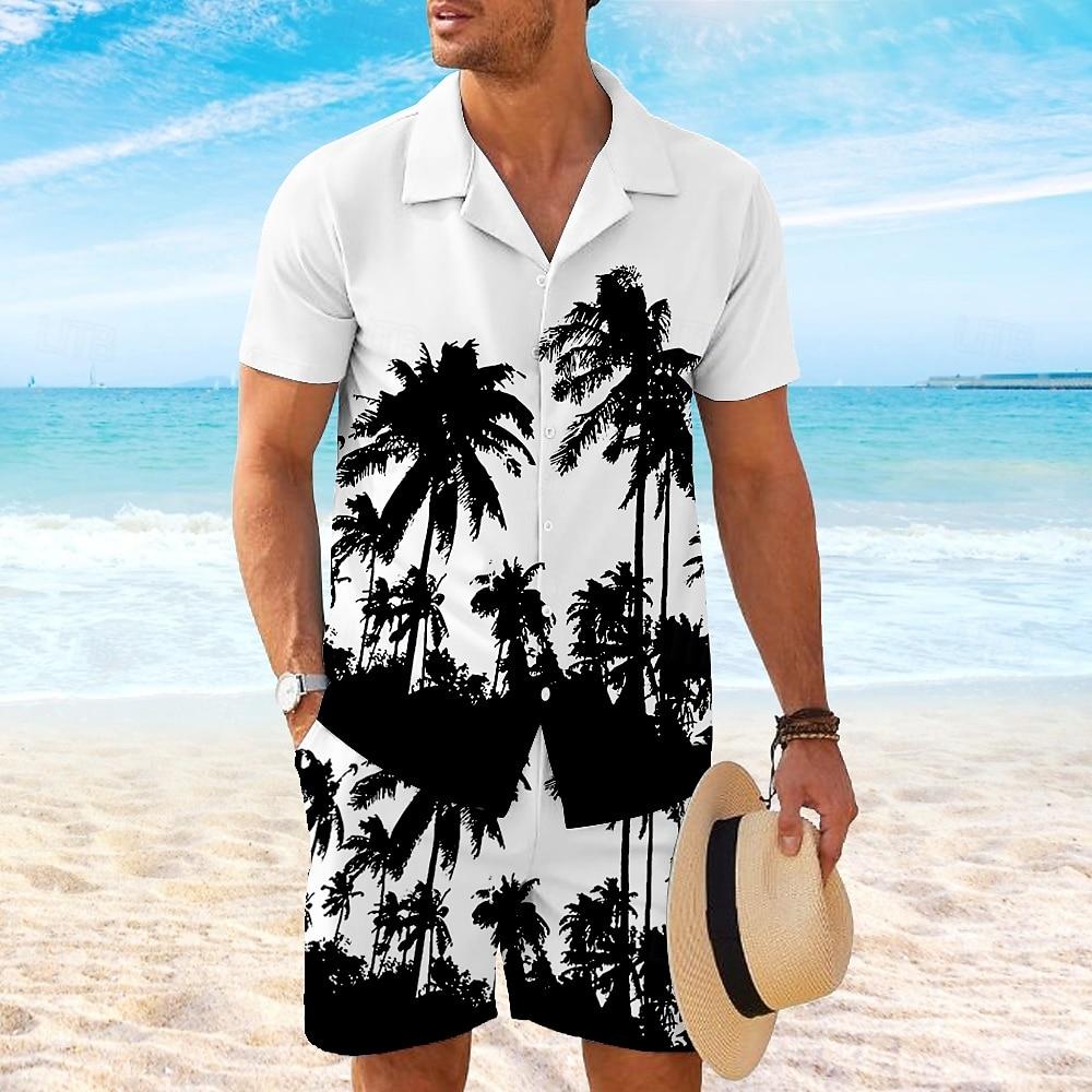 Men's Summer Sets Coconut Tree 3D Print Short Sleeve Tops +Shorts 2 Piece Hawaiian Beach Vacation Shirt Suit Fashion Men Outfit