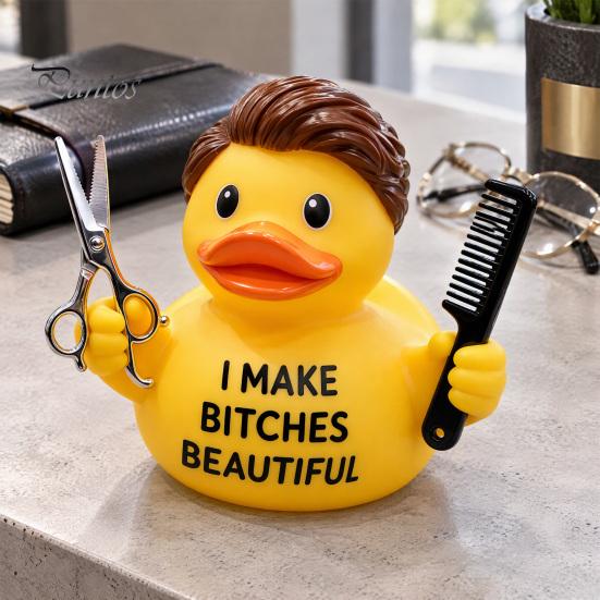 Resin Duck Statue Barber Figurine with Scissors and Comb, Yellow for Salon Decor, Handmade Hair Stylist Gift Creative Hairdresser Gift, Funny