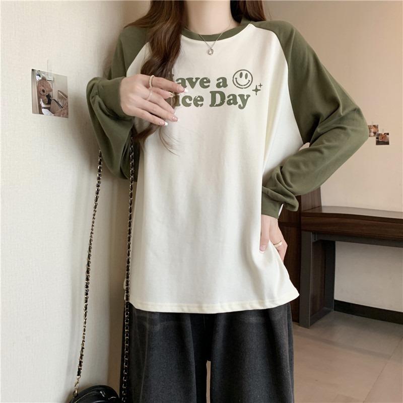 Retro Splicing Lazy Wind Loose Letter Printing Autumn Round Neck Real Shot Long Sleeve Top Women