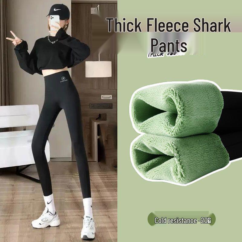 Women's High-Waisted Fleece-Lined Shark Leggings: Winter Warm Slimming Yoga Pants