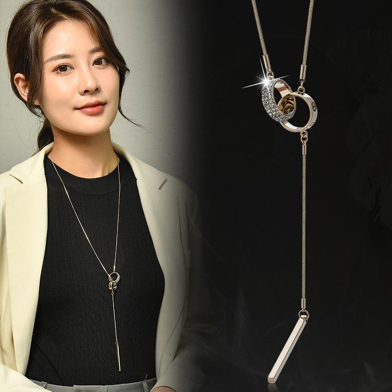 Full Diamond Double Ring Tassel Long Necklace Temperament Versatile Double Ring Sweater Chain Clothes Accessories Pendant Tide