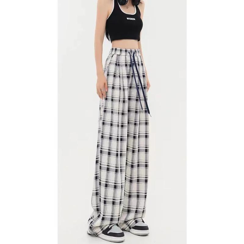 Women's Casual Beige Red Plaid Elastic Waist Wide Leg Trousers