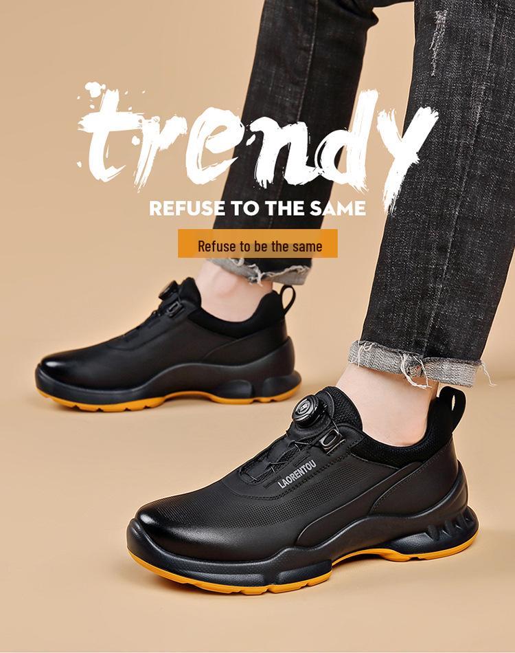 Laorentou Men's Genuine Leather Slip-On Running Shoes with Breathable Mesh and Rotating Buckle.