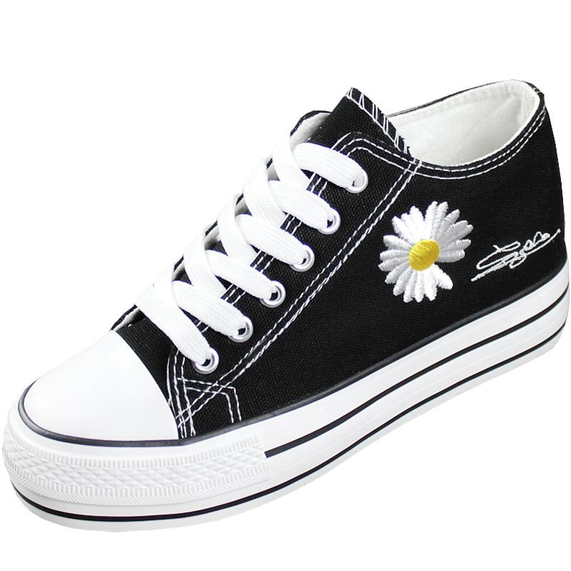 Fashion 2024 New Thick-Soled White Shoes Daisy Canvas Shoes Women's Half-slipper Half-Drag Low-Top Shoe 6cm Internal Increased Sneaker