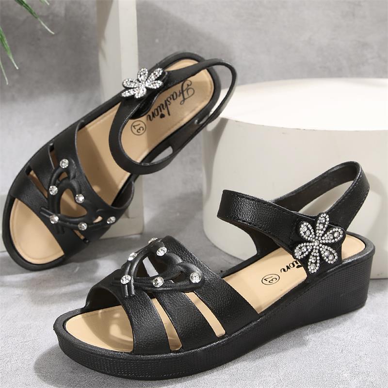 Fashion 2025 Summer Casual Breathable Leather Wedges Flower Water Diamond Middle Heel Sandalias De Mujer Soft Bottom Non Slip Zapatos