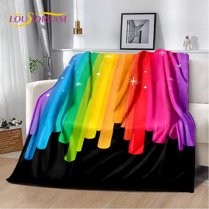 Pătură moale de pluș cu iluzie de culoare cromatică curcubeu, pătură de flanel pentru sufragerie dormitor pat canapea husă de picnic