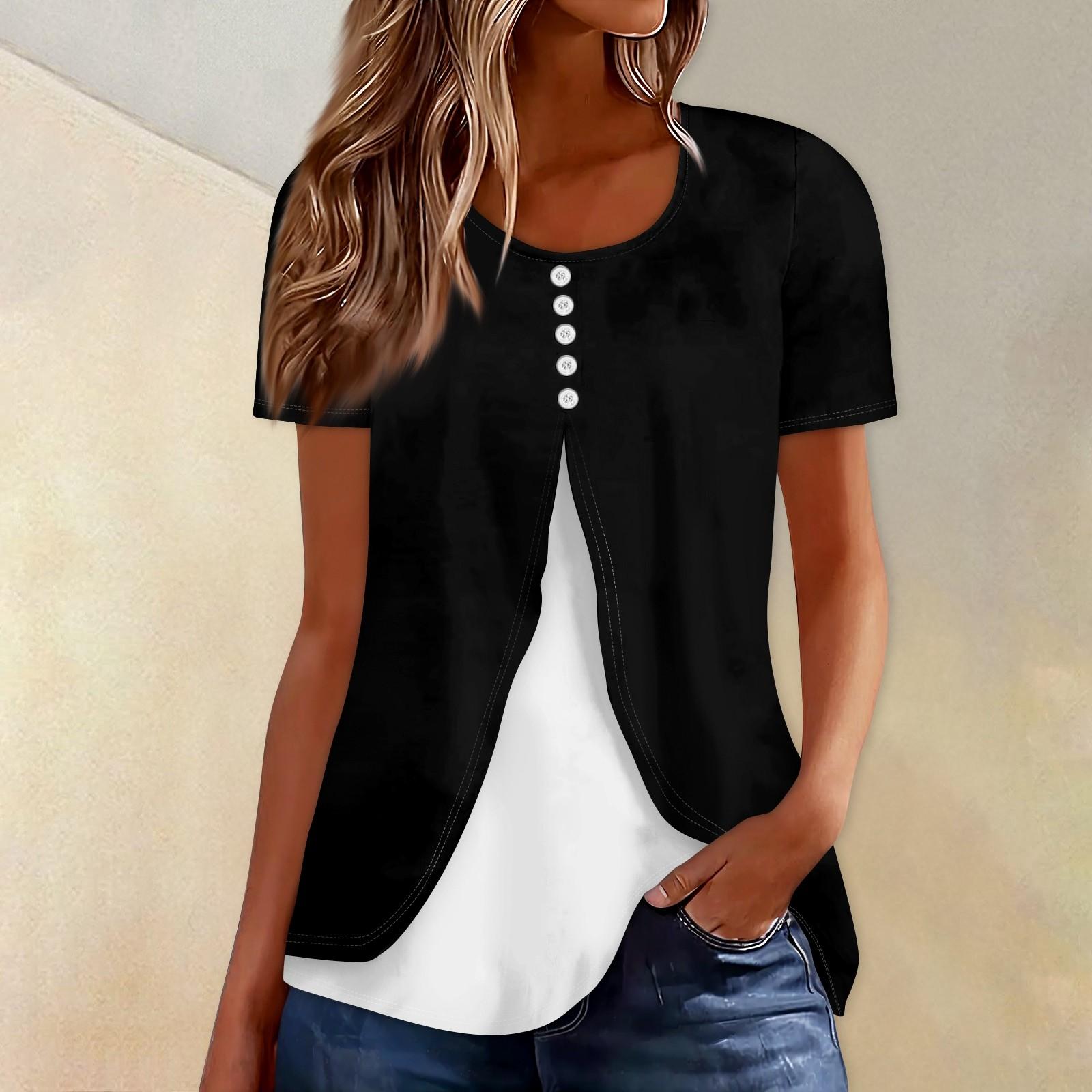 

Рубашки для женщин, топы с короткими рукавами, нарядные летние повседневные однотонные блузки с круглым вырезом и нерегулярным подолом, футболки L чёрный