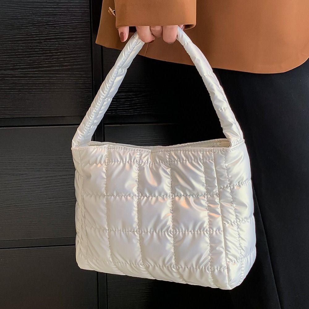 Soft Down Cotton Tote Bag Embroidered Puffy Bag Leisure Cotton-padded Handbag  Unisex