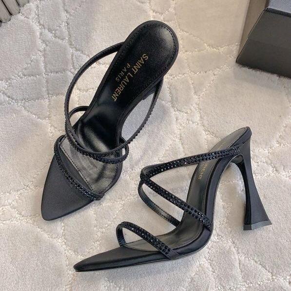 2025 Summer Cross with Open-toed Rhinestones Pointed Heels Wear Cool Slippers Female Royal Sister Style Sexy High-heeled Sandals