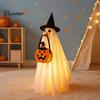 Easy to Wear Halloween Set Glowing Ghost Costume with Witch Hat & Pumpkin Tote Bag, LED Reusable Festival Clothing Light Up Fabric Outfit for