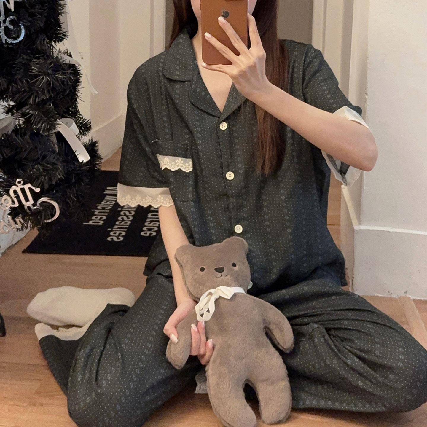 Women s Floral Pajama Set, Short Sleeve & Long Pants, Korean Lace Style, Casual & Outdoor Wear Extra Large