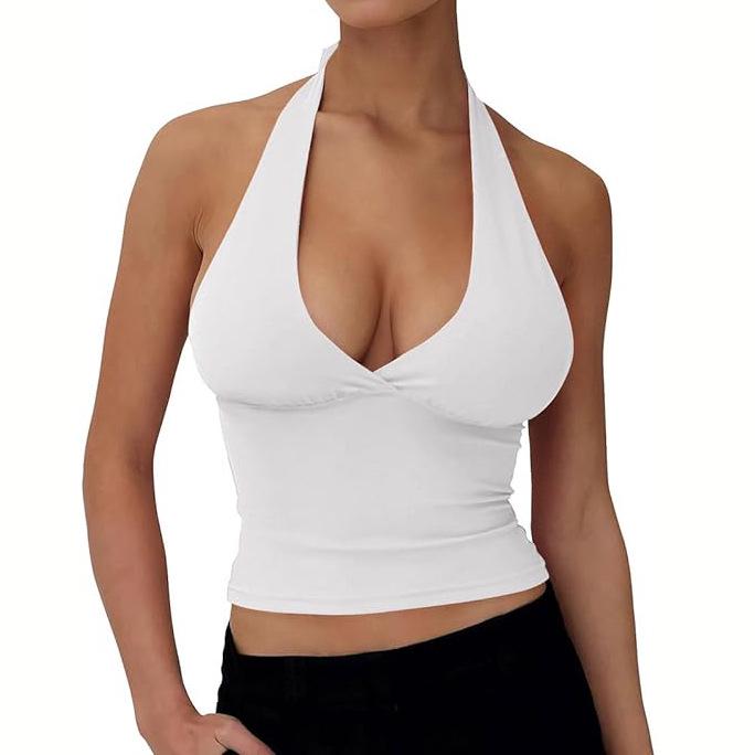 

Весна/Лето 2025 Новый Европейский и Американский Модный Однотонный Топ-майка из Молочного Шелка с Открытой Спиной и Холтер-вырезом для Женщин S