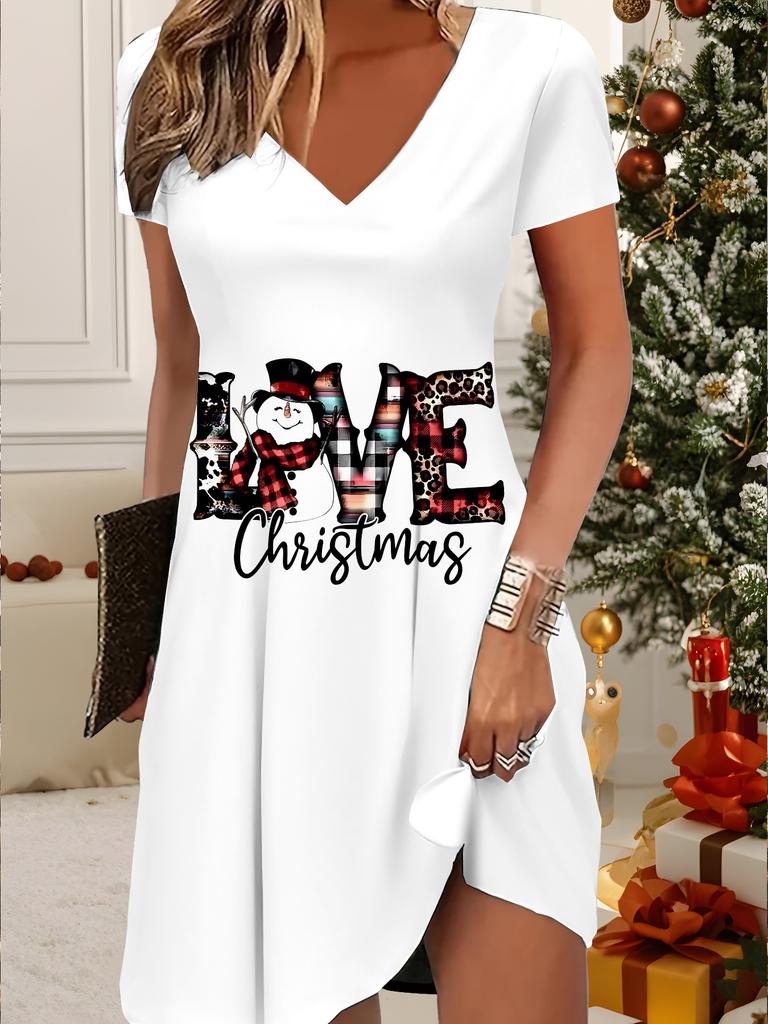 Fashion Women's V Neck Short Sleeve  Christmas Snowman Printed  Dress Sex Short Skirt Dresses