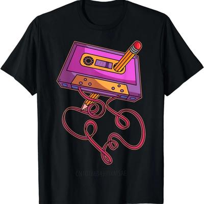 80s Cassette Tape Pencil 1980s Retro Vintage Throwback Music Short Sleeve T-Shirt  Streetwear Men  Camiseta Hombre