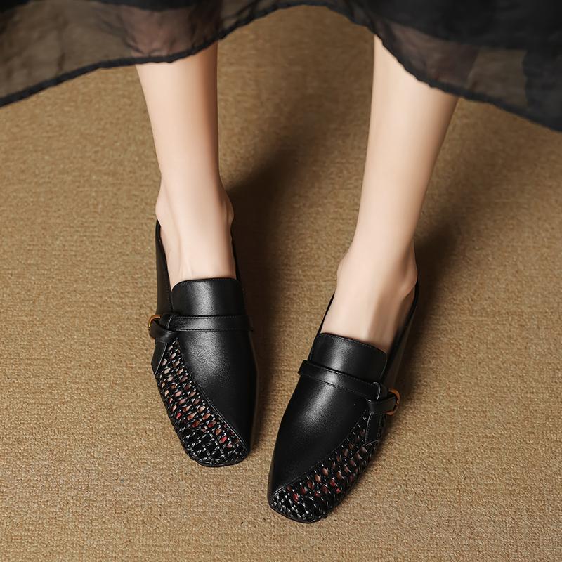 Fashion 2025 Summer New Women Shoes Genuine Leather Square Toe Women Sandals Hollow Out Sandals for Women Chunky Heel  Mules Slippers